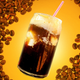 Espresso Soda Float in glass with straw on background of coffee beans